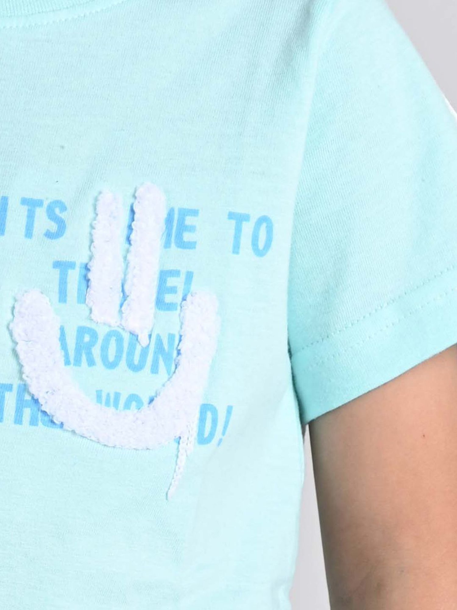 Tales & Stories Kids Aqua Blue Cotton Embroidered T-Shirt