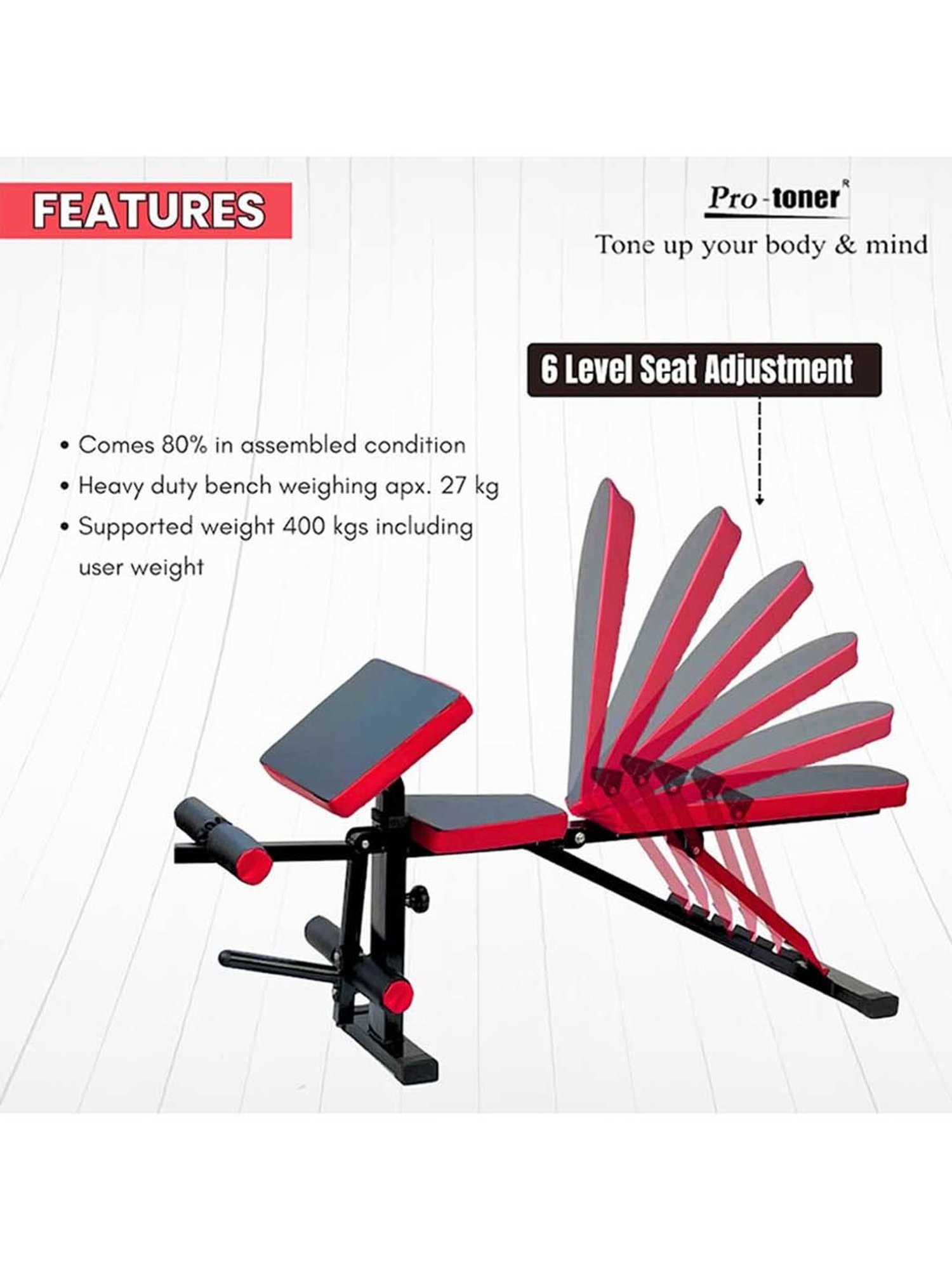 Protoner Adjustable Weight Lifting Bench (Red) Size - 144.8x43.2
