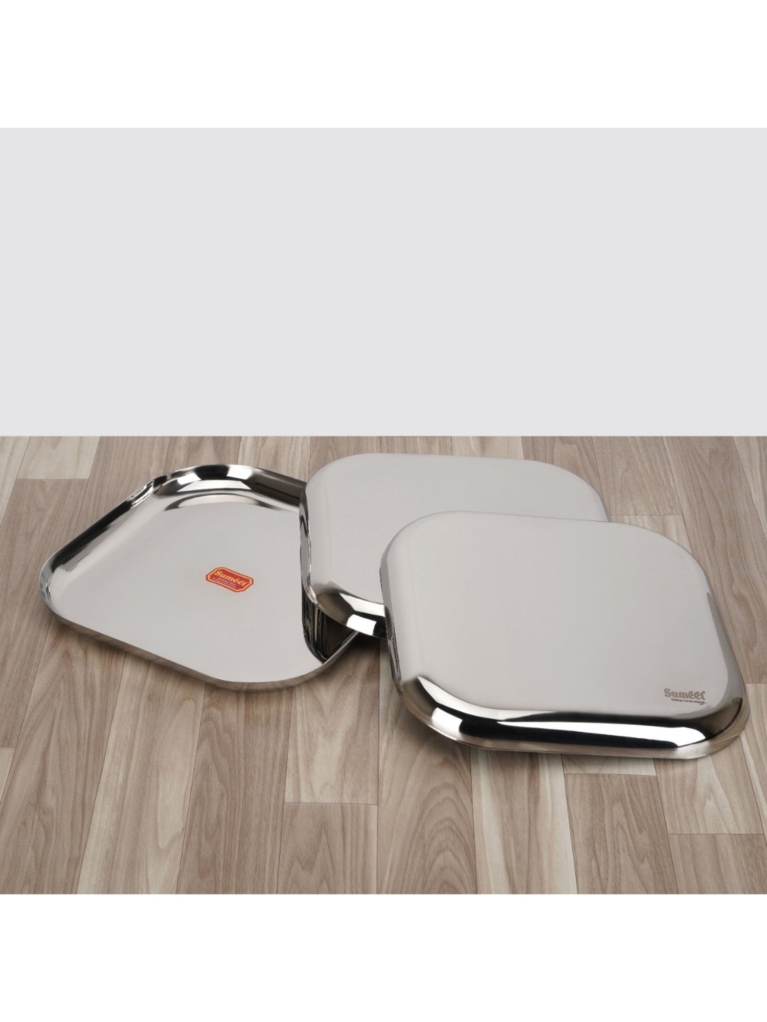 Sumeet S.S. Big Square Shape Plate/Dinner Plate/Lunch-Meal Plate Set of 3pcs, 28cm dia, Silver