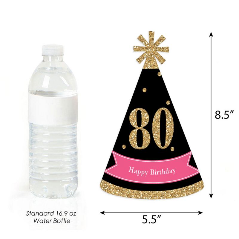 Big Dot of Happiness Chic 80th Birthday - Pink, Black and Gold - Cone Happy Birthday Party Hats for Kids and Adults - Set of 8 (Standard Size)
