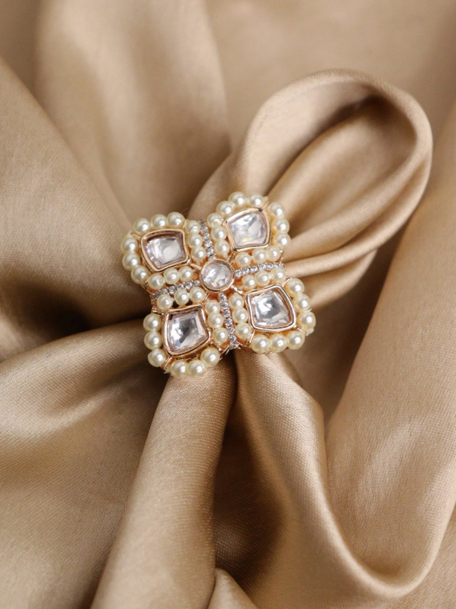 Curio Cottage Bridal Kundan & Pearl Matte Adjustable Ring