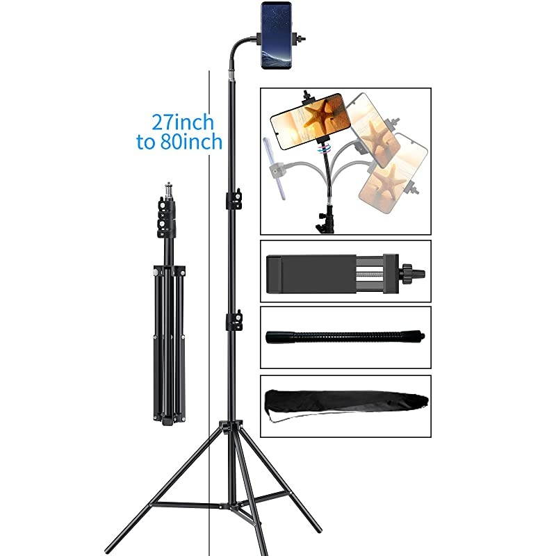 Phone Tripod 27quot80quot Adjustable Phone Tripod for Video Recording VloggingStreamingPhotography Rotatable Live Video Stand Compatible with iOSAndroid and Most Mobile Phones
