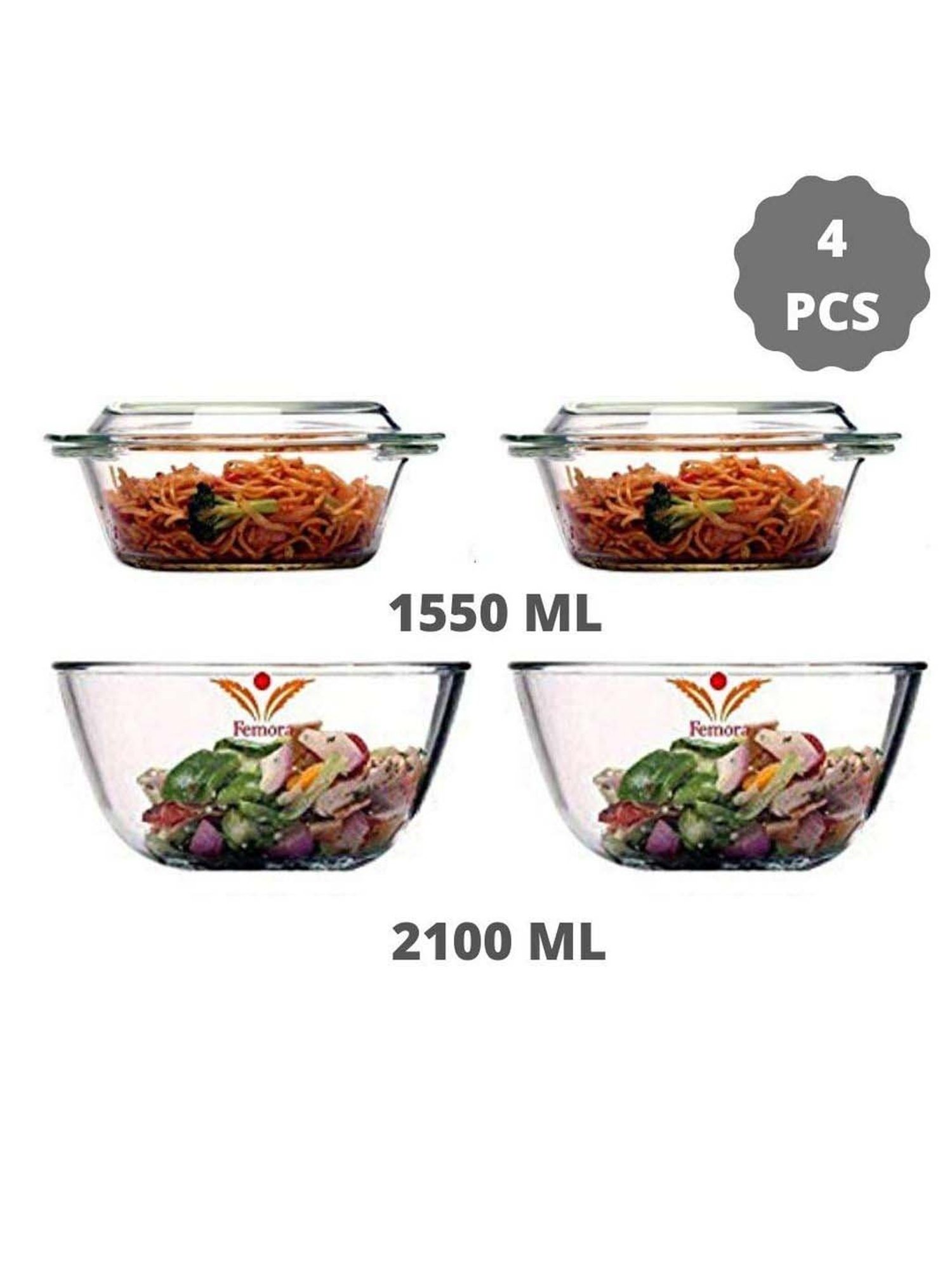 Femora Borosilicate Glass Microwave Safe Serveware Set (2100 ml & 1550 ml) - Set of 4