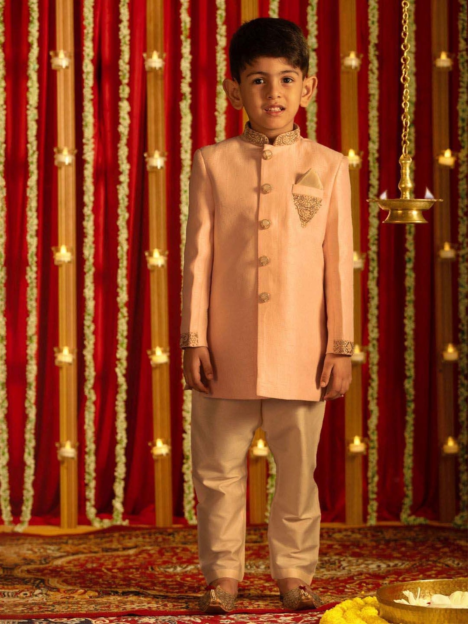 VASTRAMAY Boys Pink & Cream Embroidery Full Sleeves Indowestern Sets