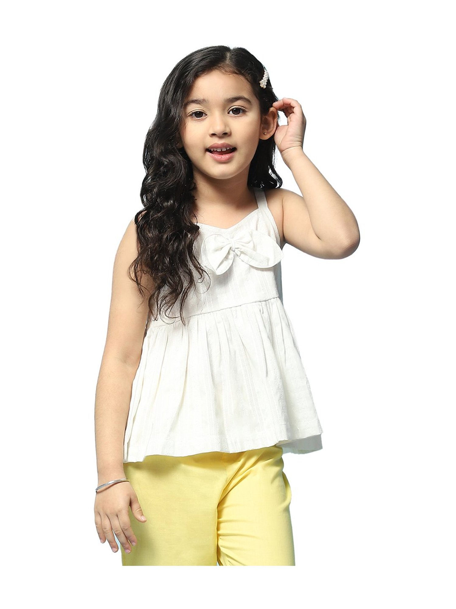 BIBA Girls Kids White Cotton Regular Fit Top