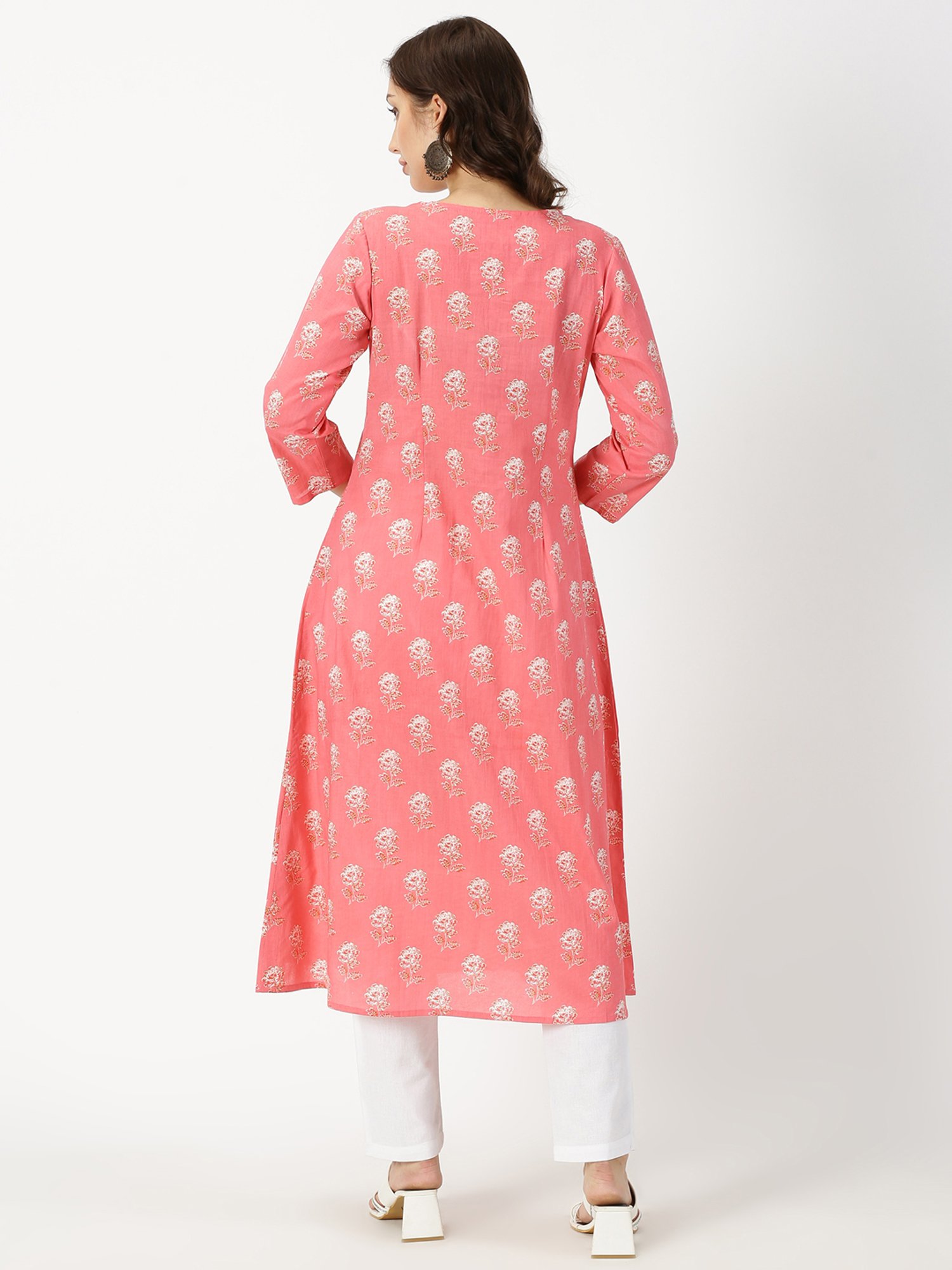 Saffron Threads Coral Floral Print A Line Kurta