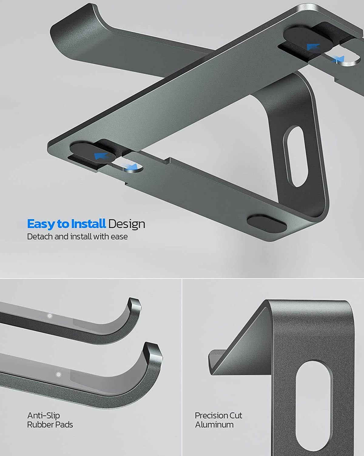Laptop Stand, Ergonomic Aluminum Laptop Mount Computer Stand for Desk, Detachable Laptop Riser Notebook Stand Compatible with MacBook Air Pro, Dell XPS, More 10-16" Laptops - Gray