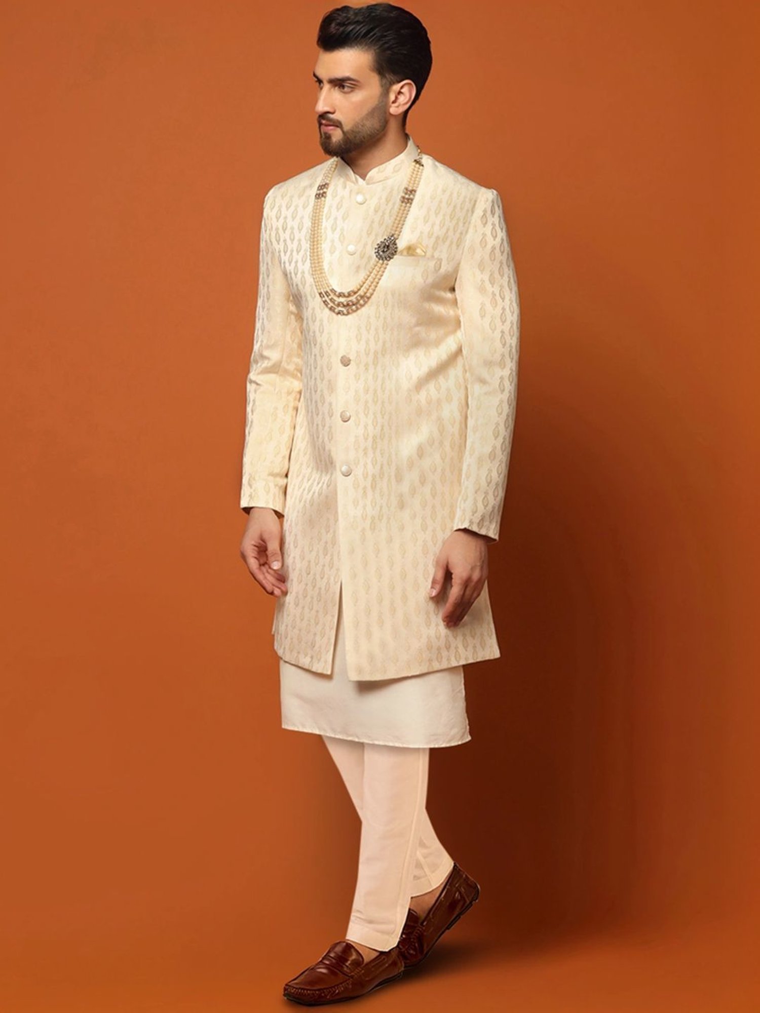 Kisah Beige Regular Fit Jacquard Sherwani Set