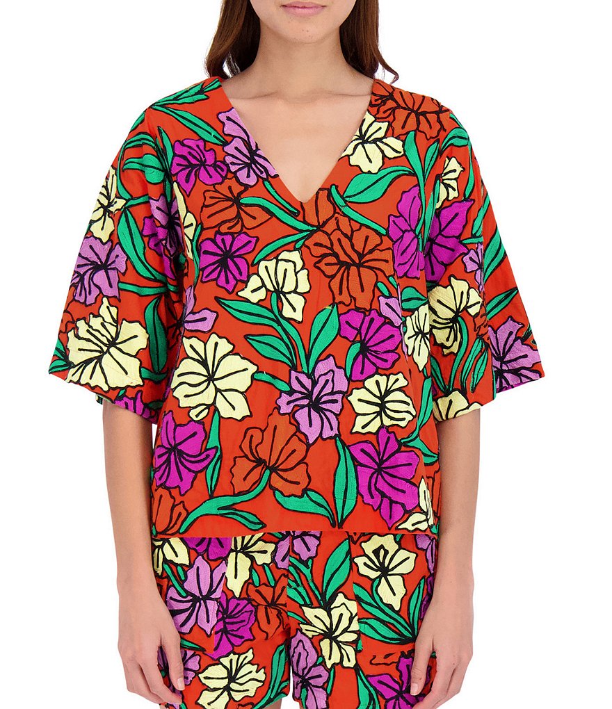 Roller Rabbit Woven Jorales Embroidered Coordinating Yansel Short Sleeves Top