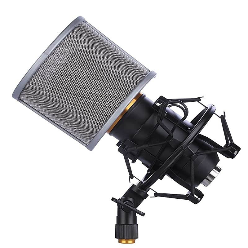 Shock Mount with Pop Filter Mic AntiVibration Suspension Shock Mount Holder Clip for Diameter 46mm53mm Grey