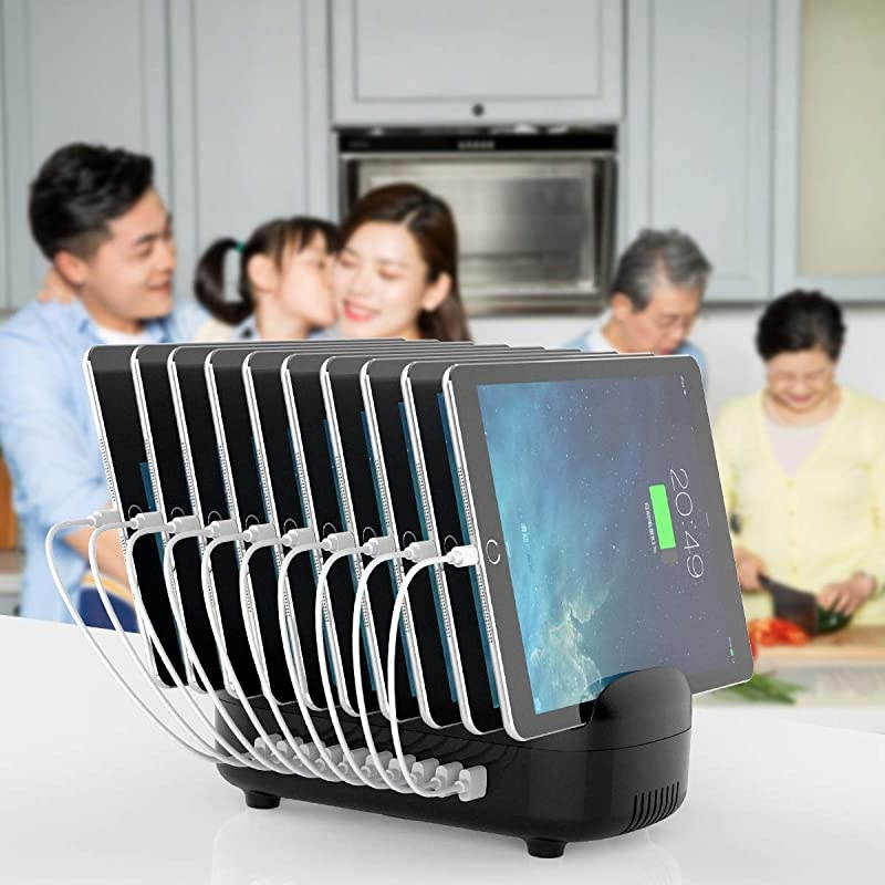 120W Charging Station for Multiple Devices 10 Ports Smart USB Charging Docking Organizer with Cooling Fan Compatible for iPhone, iPads, Samsung, Android Phone and Tablets (Cables not Included)