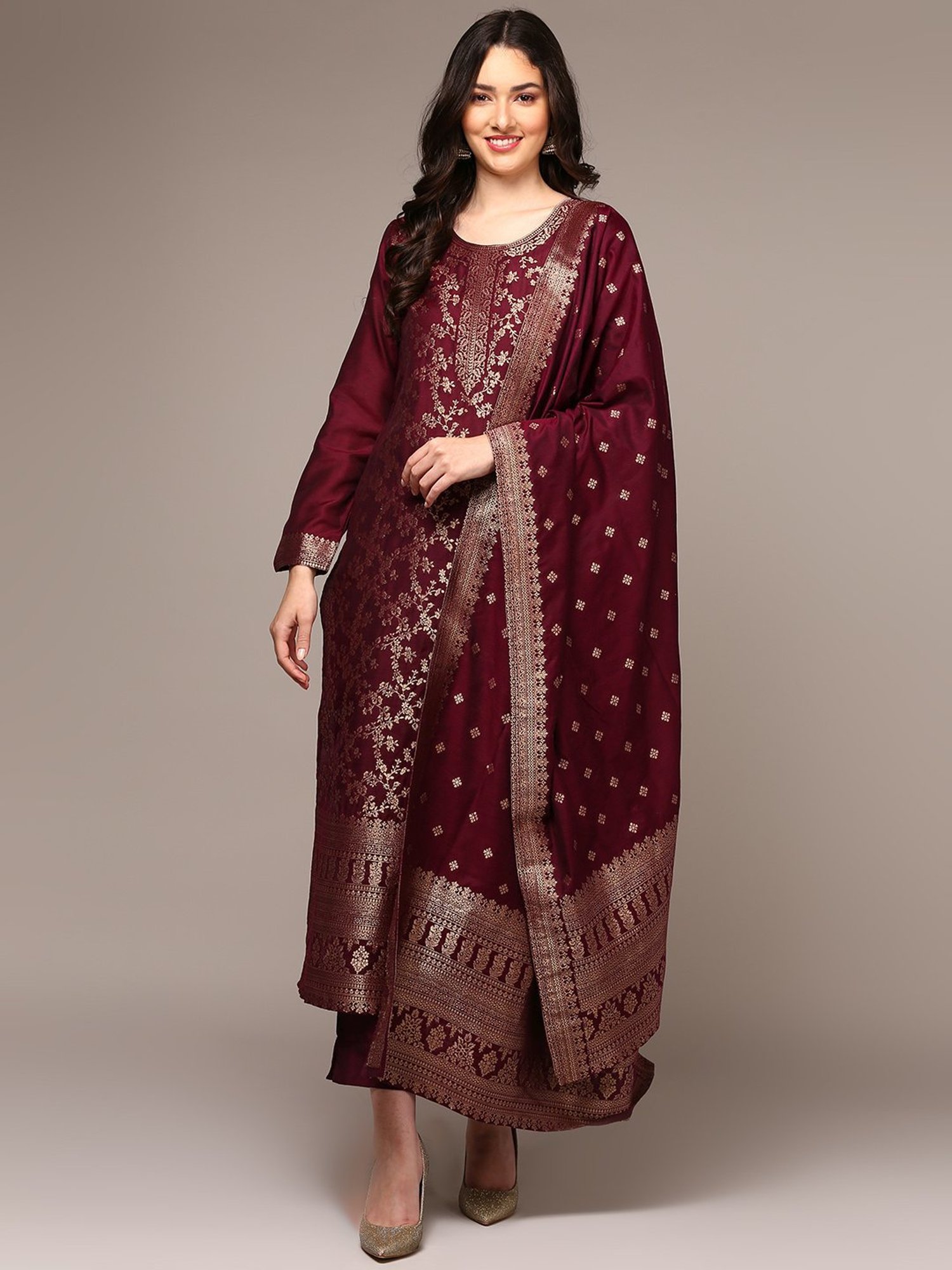 Vaamsi Maroon Woven Pattern Kurta Pant Set With Dupatta