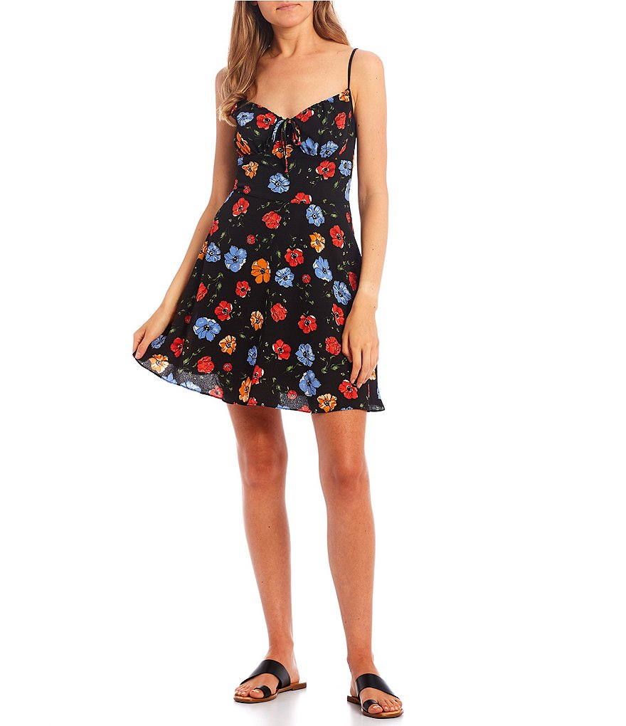 B. Darlin Spaghetti Strap Neck Tie-Front Floral Print Skater Dress