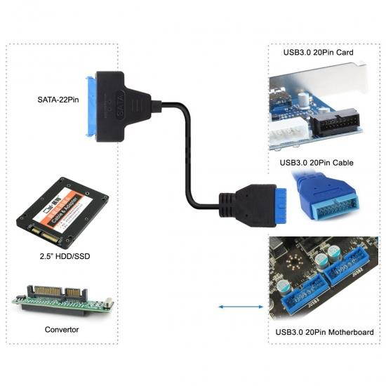 CY 2.5 Inch SATA 22Pin SSD HDD to USB 3.0 Motherboard 19Pin 20Pin Header Cable 50cm