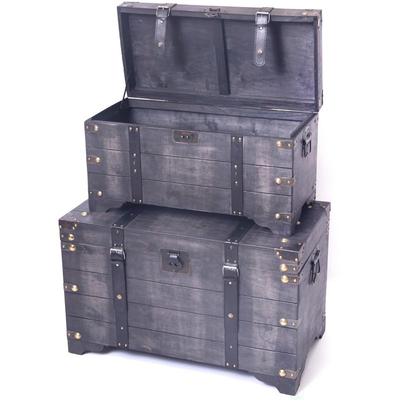 Vintiquewise Distressed Black Large Wooden Storage Trunk Coffee Table Set of 2