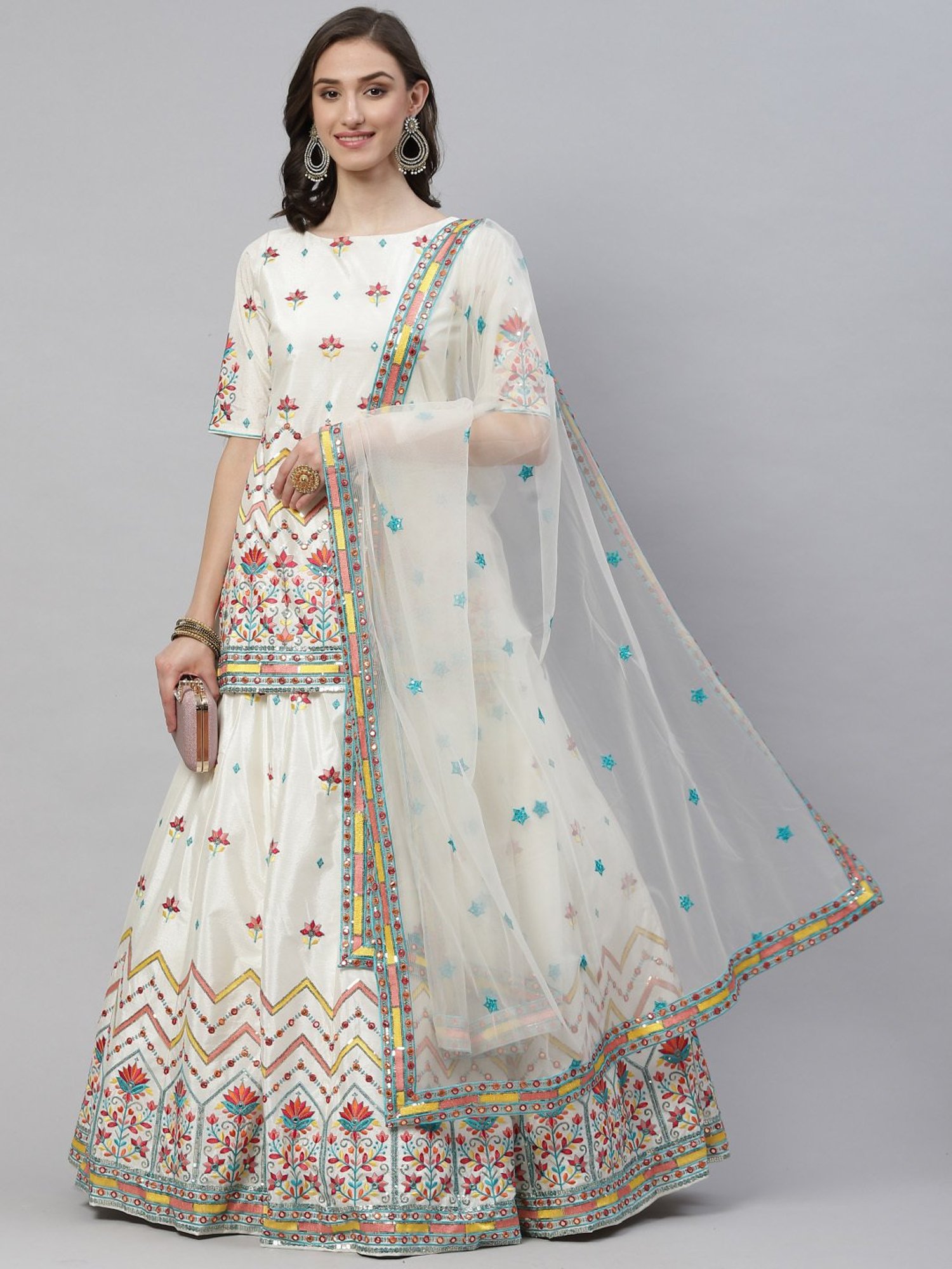 SHUBHKALA Beige Embroidered Lehenga and Choli Set With Dupatta