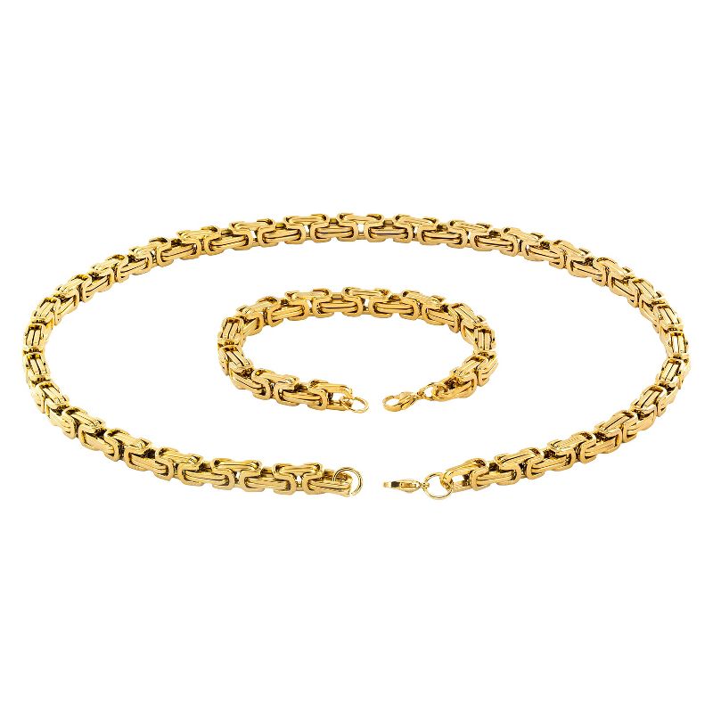 Men's Stainless Steel Plated Byzantine Chain Necklace and Bracelet Set - Gold