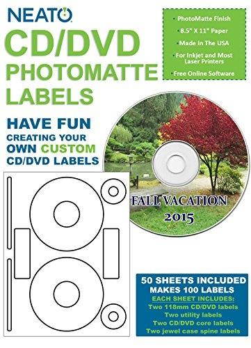 neato printable cd and dvd labels  professional quality photomatte finish  custom disc labels with disc spine, core, and utility labels  50 sheets