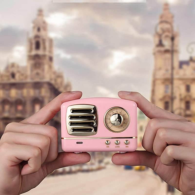Bluetooth Retro Speaker, Wireless Mini Vintage Speaker with Rich Bass, Stereo, Built-in Mic for Travel, Home,Outdoors (Pink)