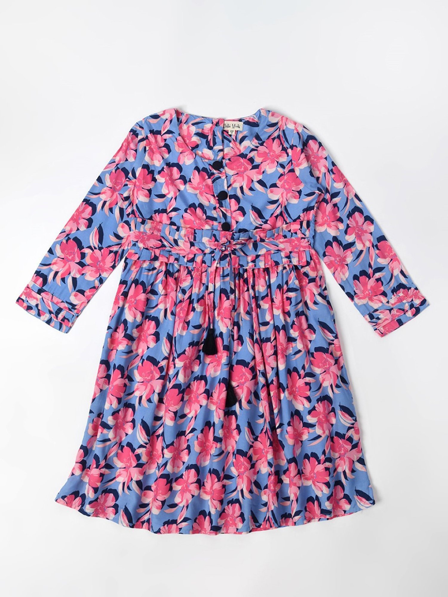 Bella Moda Kids Blue & Pink Floral Print Full Sleeves Fit & Flare Dress