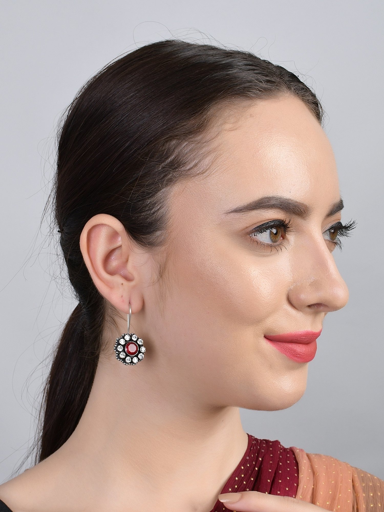Imli Street Red Silver Tone Stone-Studded Handcrafted Drop Earrings