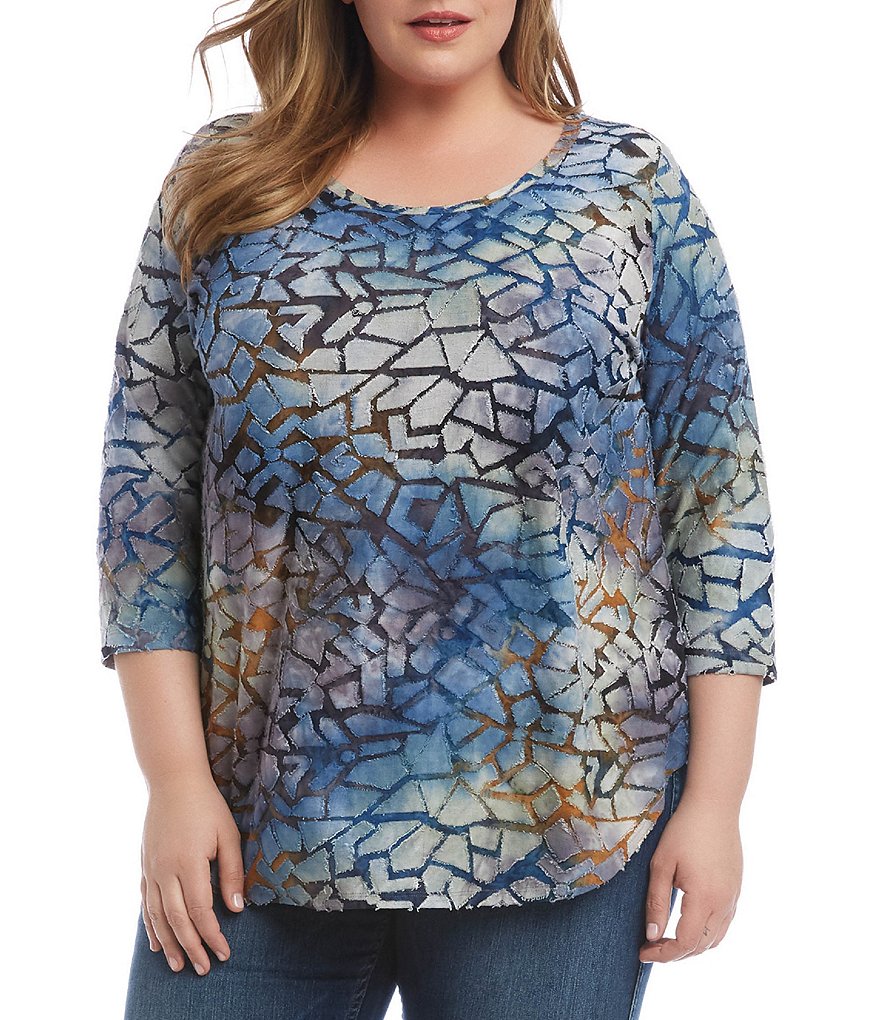 Karen Kane Plus Size Tie Dye Abstract Geographic Burnout Scoop Neck 3/4 Sleeve Tee