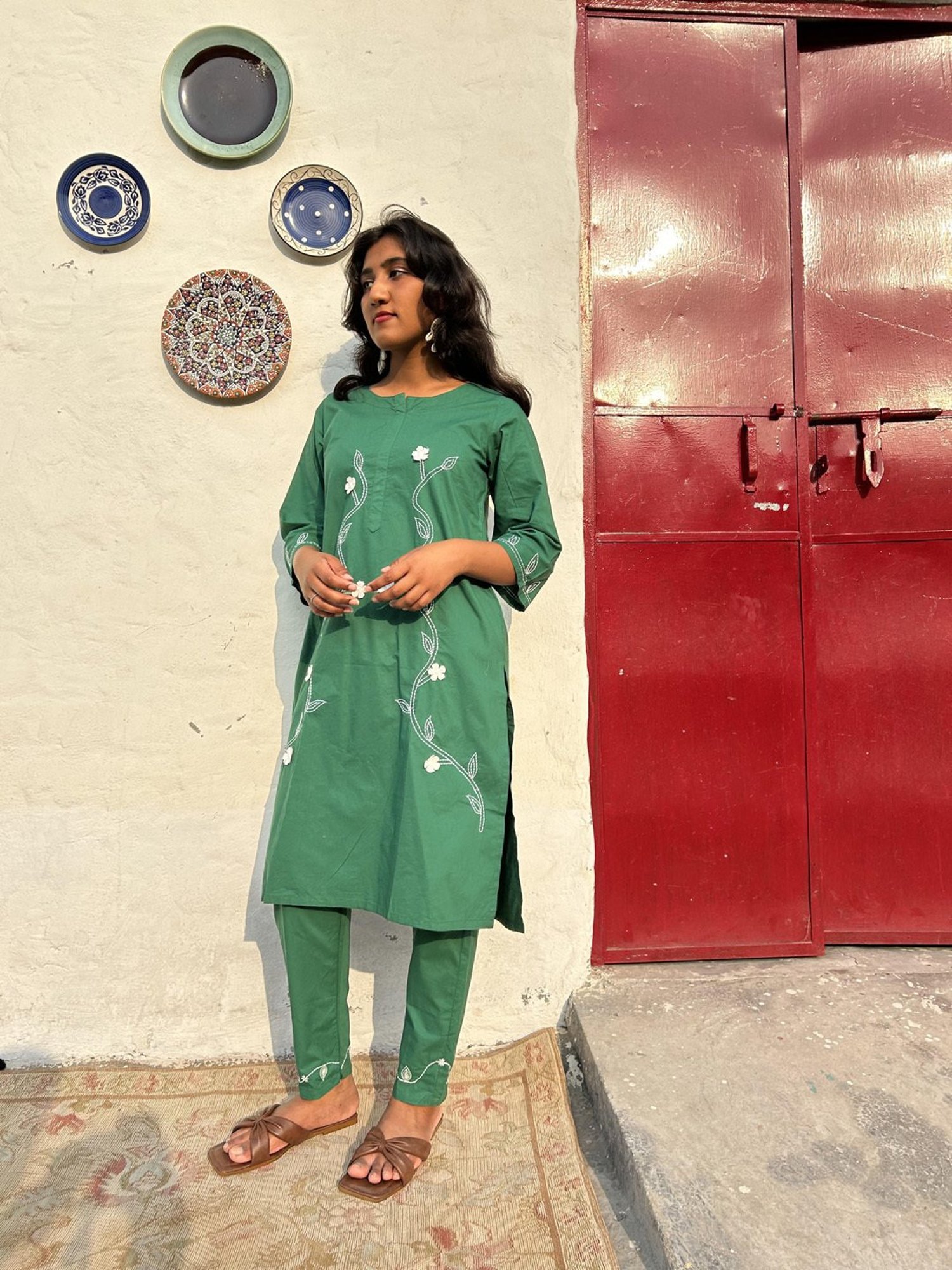 Zuri Green 3D Patch Work Embroidered Cotton Kurta