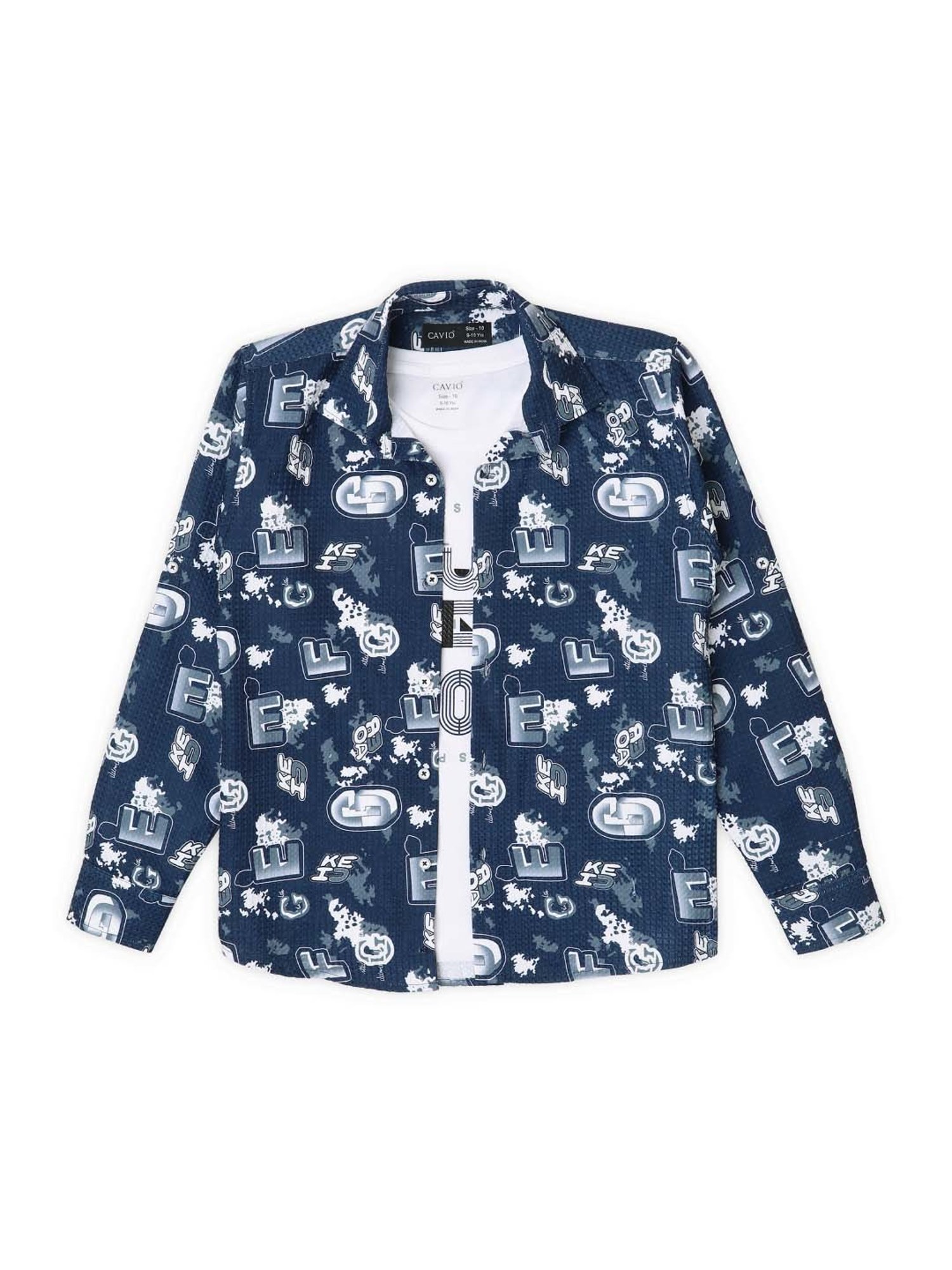 Cavio Kids Navy & White Cotton Printed Full Sleeves Shirt Set