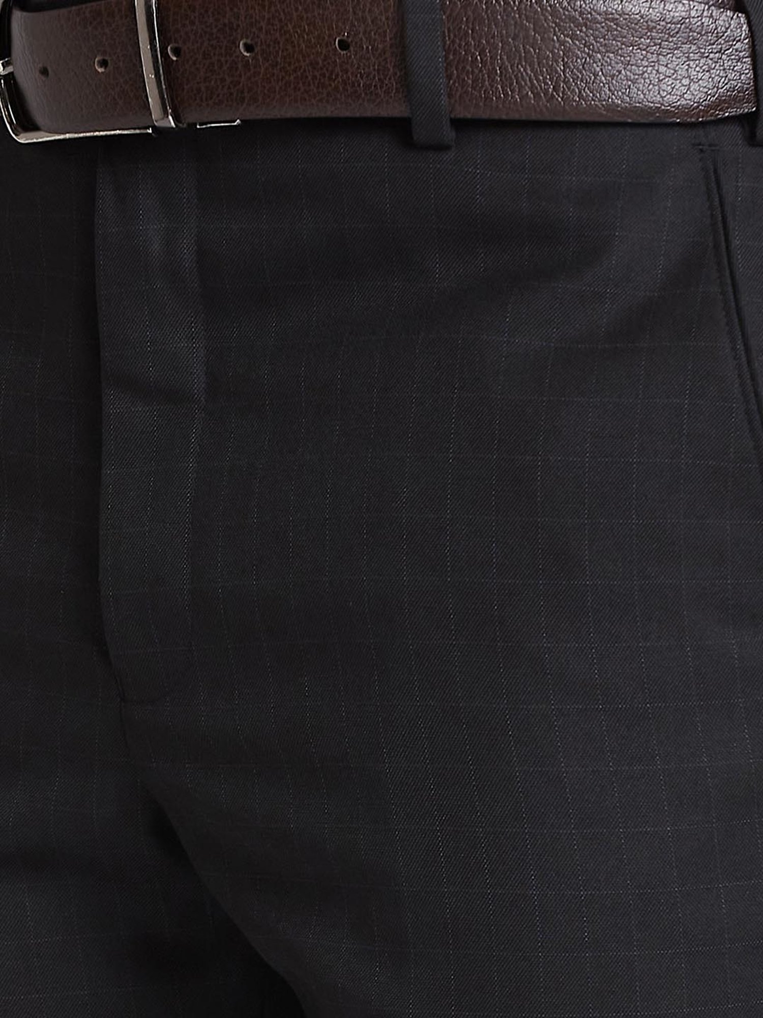 Park Avenue Black Regular Fit Check Flat Front Trousers