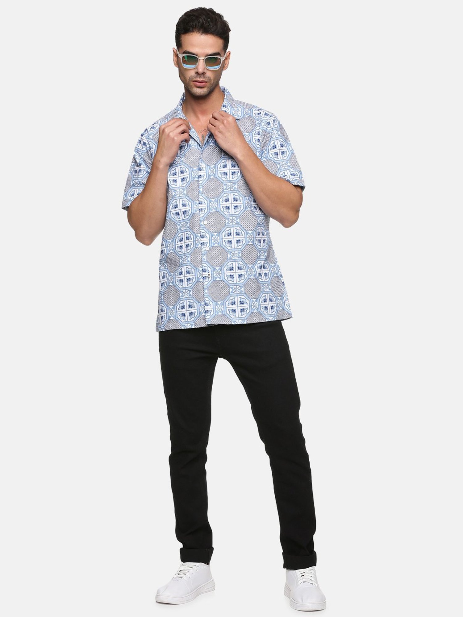 Don Vino Blue Regular Fit Printed Shirt