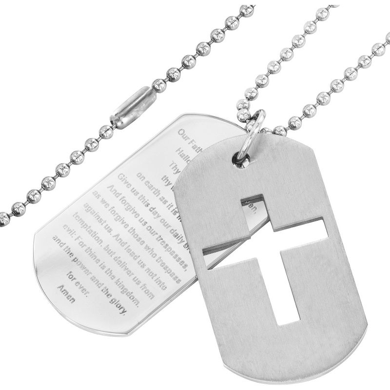 Men's Stainless Steel Cross and 'Lord's Prayer' Double Dog Tag Necklace