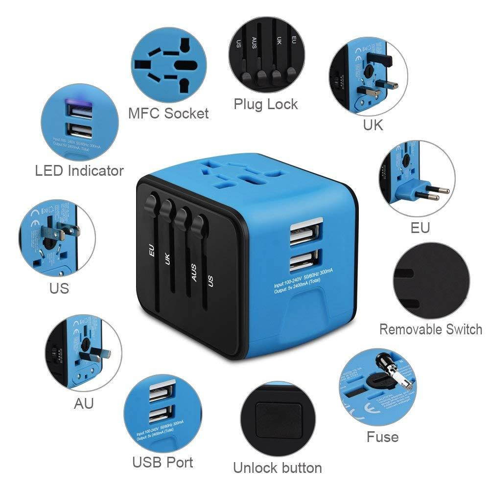 Universal Travel Adapter, HAOZI All-in-one International Power Adapter with 2.4A Dual USB, European Adapter Travel Power Adapter Wall Charger for UK, EU, AU, Asia Covers 150+Countries (Blue)