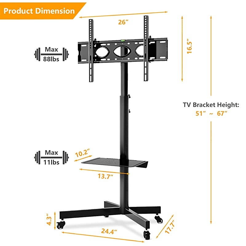 Mobile TV Cart Rolling TV Floor Stand with Locking Wheels and Tilt Mount for Most 2760 Inch Plasma LCD LED Flat Screen or Curved TVs Monitors Display Trolley Stand with Laptop ShelfTray
