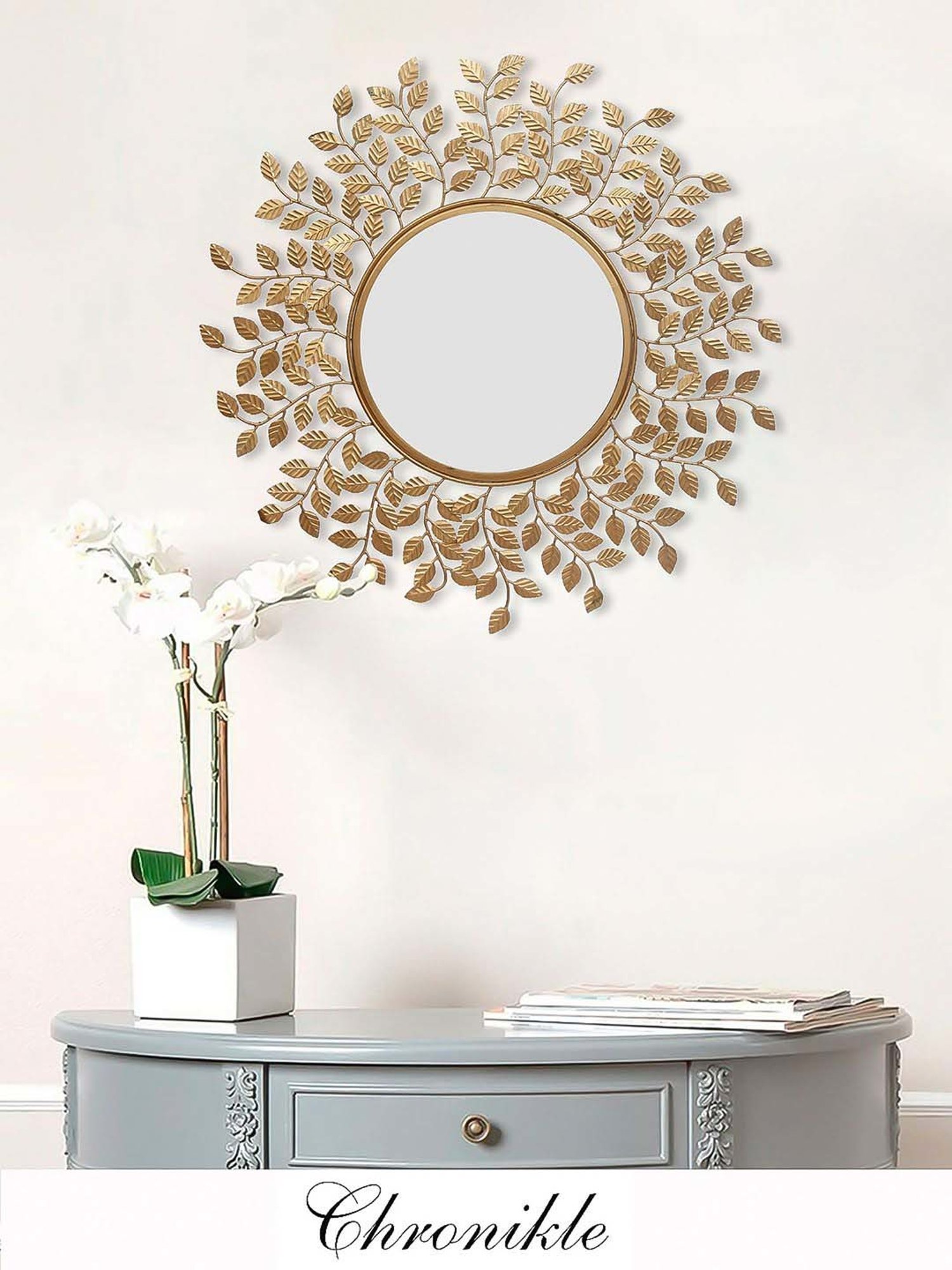 CHRONIKLE Golden Iron Leaf Style Round Wall Mirror
