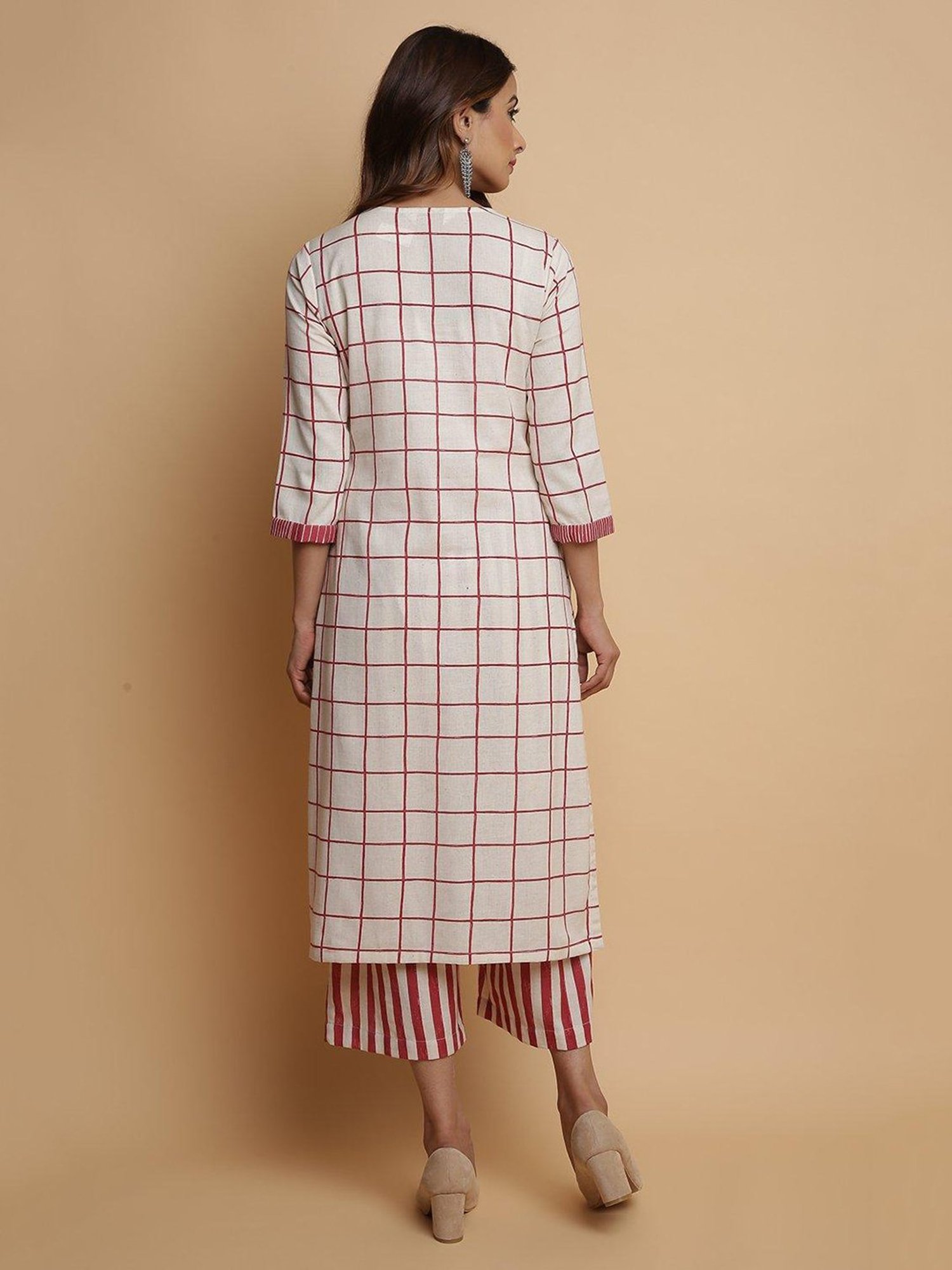 Biba Beige Check Kurta & Palazzo Set
