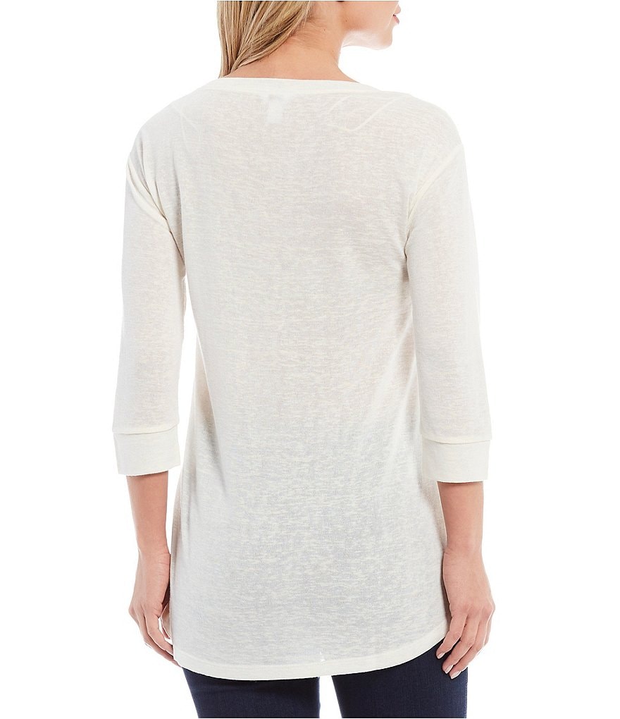 Intro Petite Size Onion Skin Stripe 3/4 Sleeve Dropped Shoulder Pocket Tee