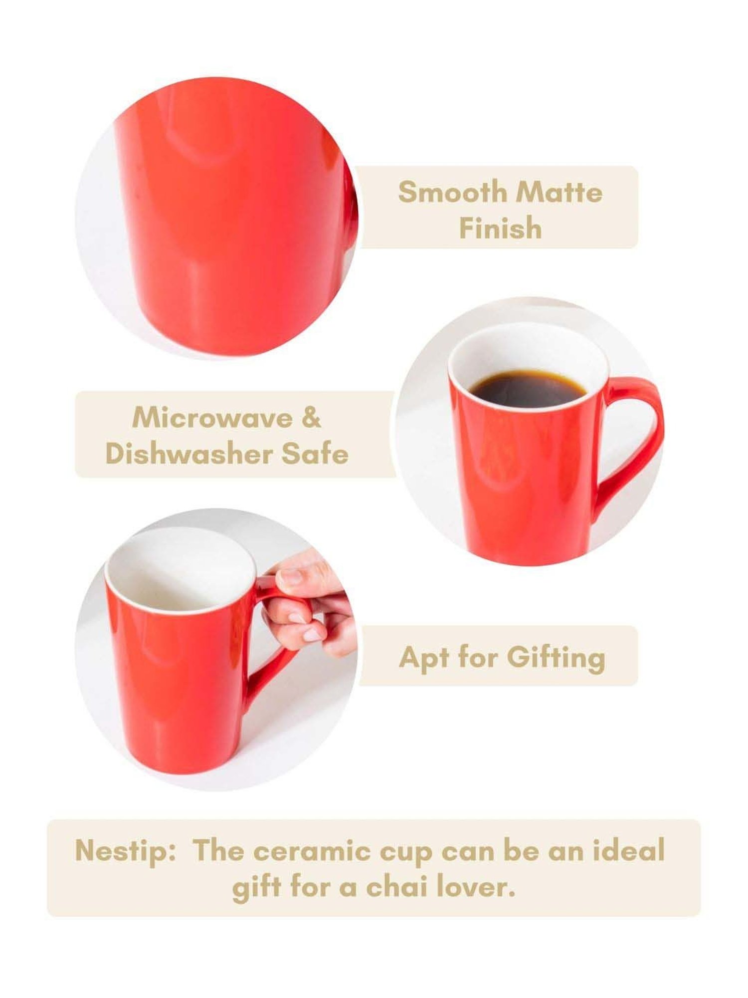 Nestasia Premium Quality Microwave Safe Bright Red & White Glossy Ceramic Mug, 350ml