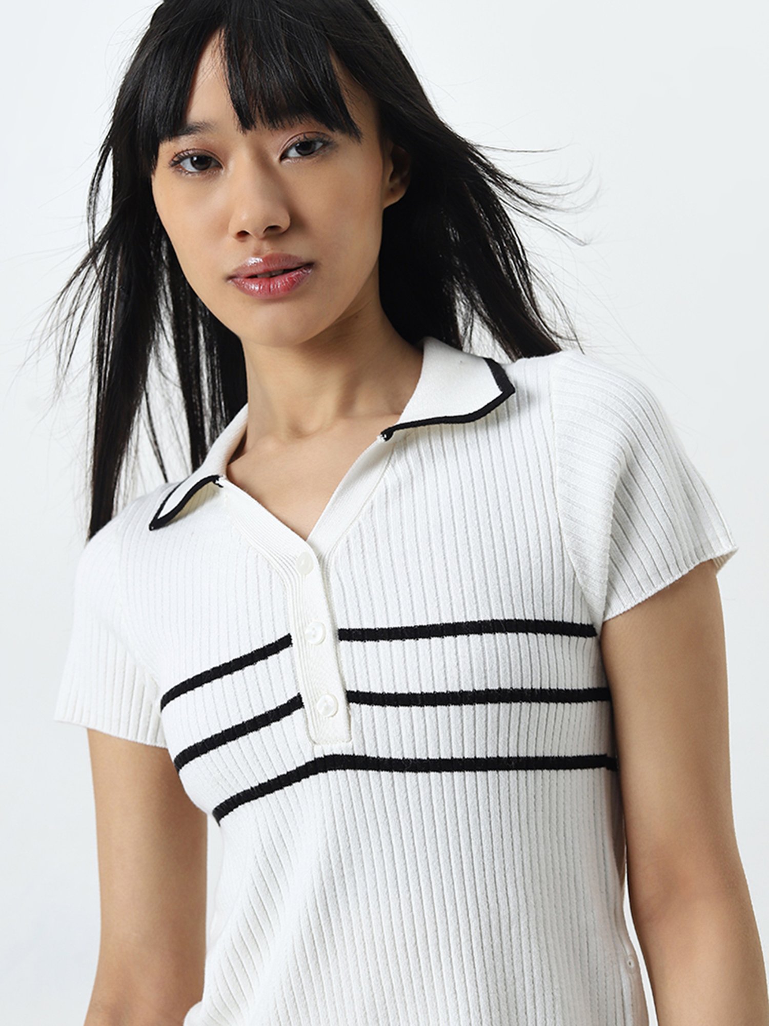Studiofit by Westside White Ribbed Textured Collared Cotton T-Shirt