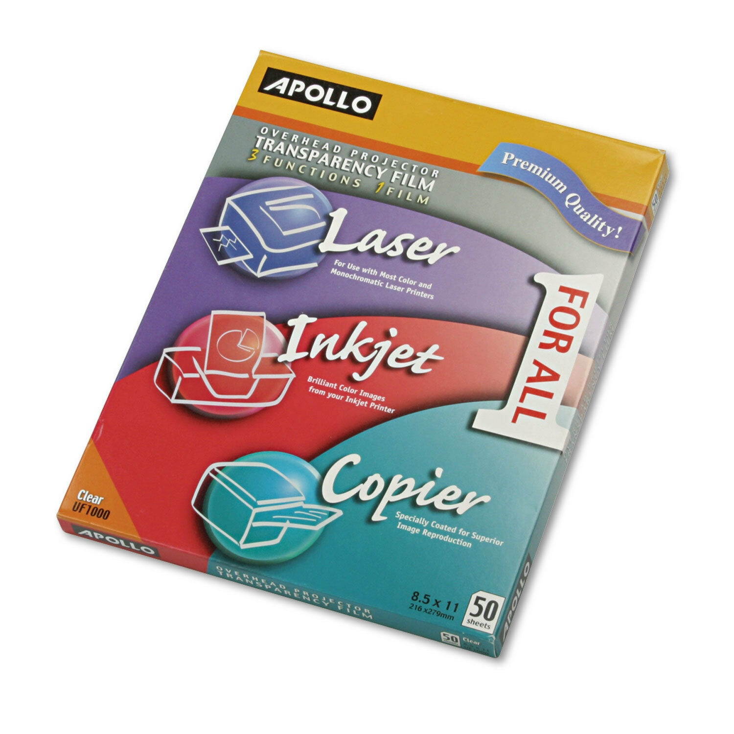 Apollo Color Laser/Inkjet Transparency Film w/o Sensing Stripe Letter Clear 50