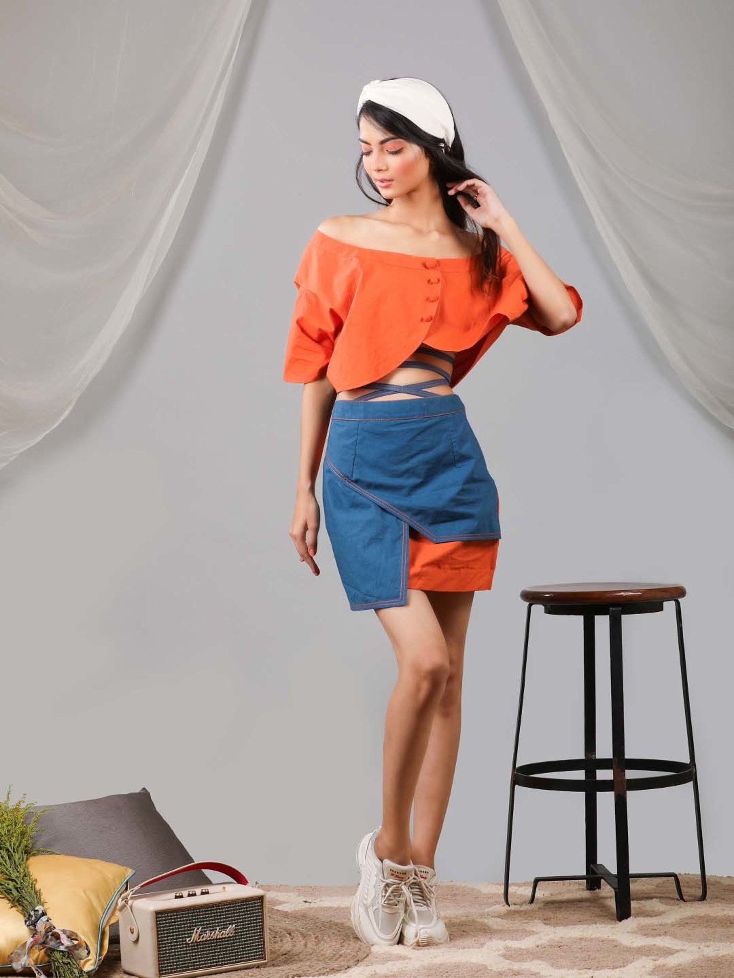 KAORI BY SHREYA AGARWAL Orange & Blue Cotton Color-Block Co-Ords Set