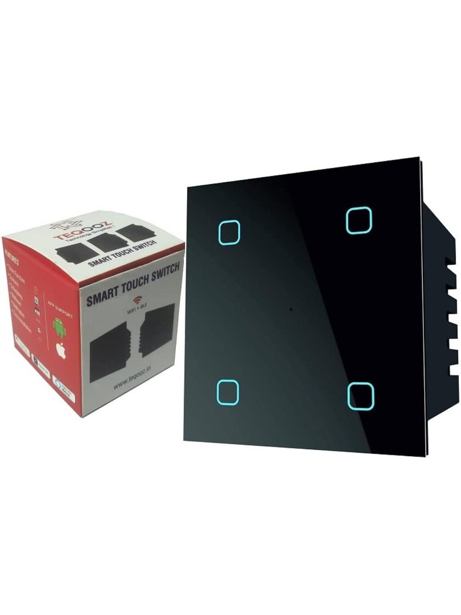 Teqooz 4-Switch Smart Wi-Fi plus Bluetooth Touch Switch 6 Amp Each (Black)
