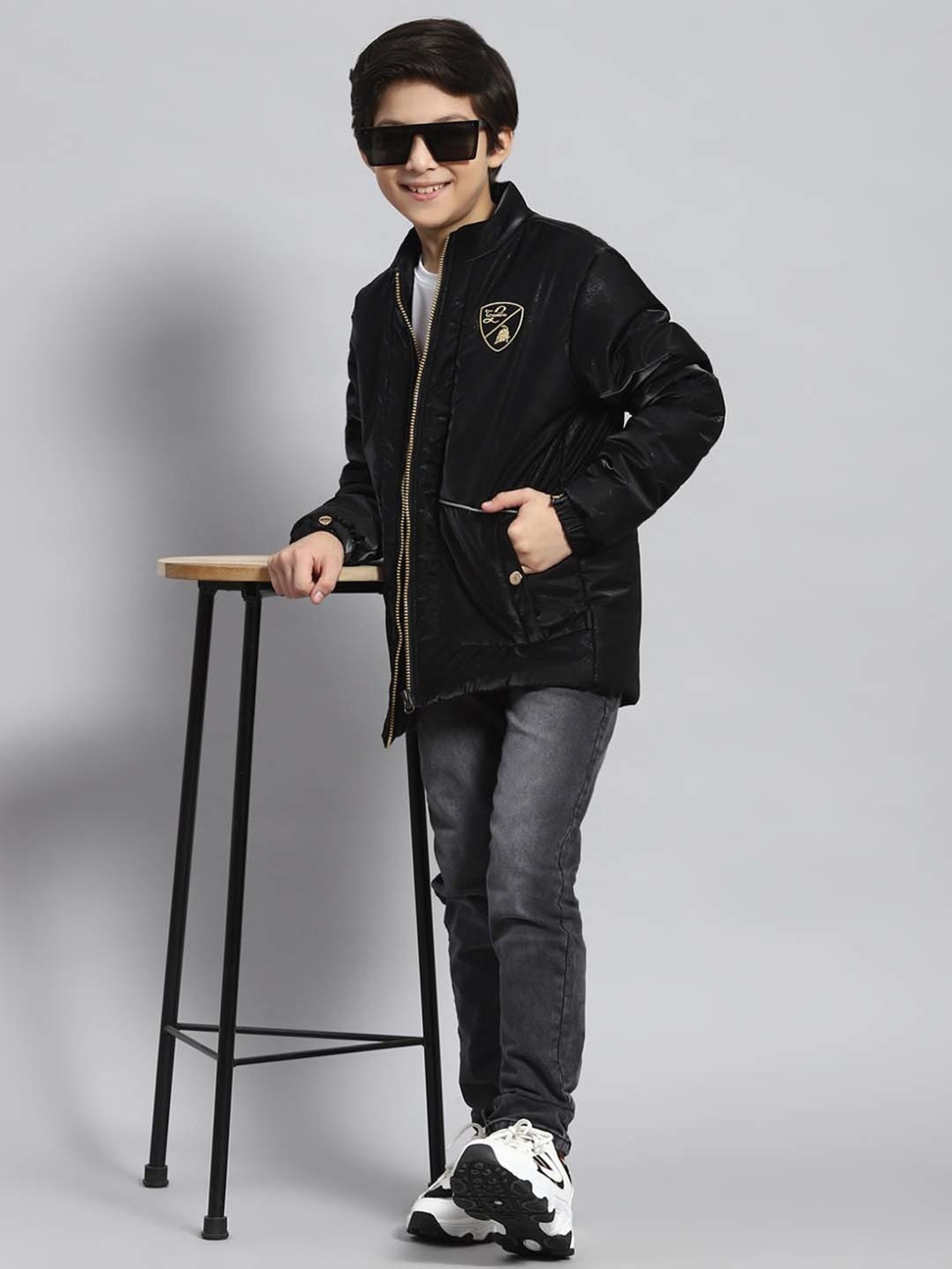 Monte Carlo Kids Black Printed Full Sleeves Jacket