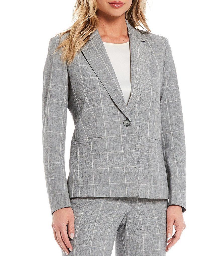 Kasper Petite Size Melange Windowpane One Button Notch Collar Jacket