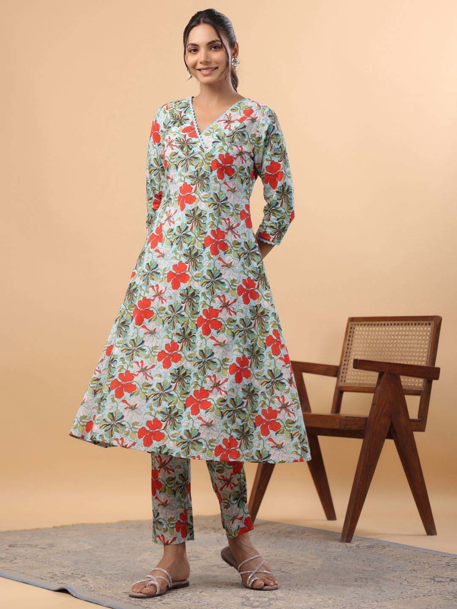 Janasya Blue Cotton Floral Print Co-Ord Set