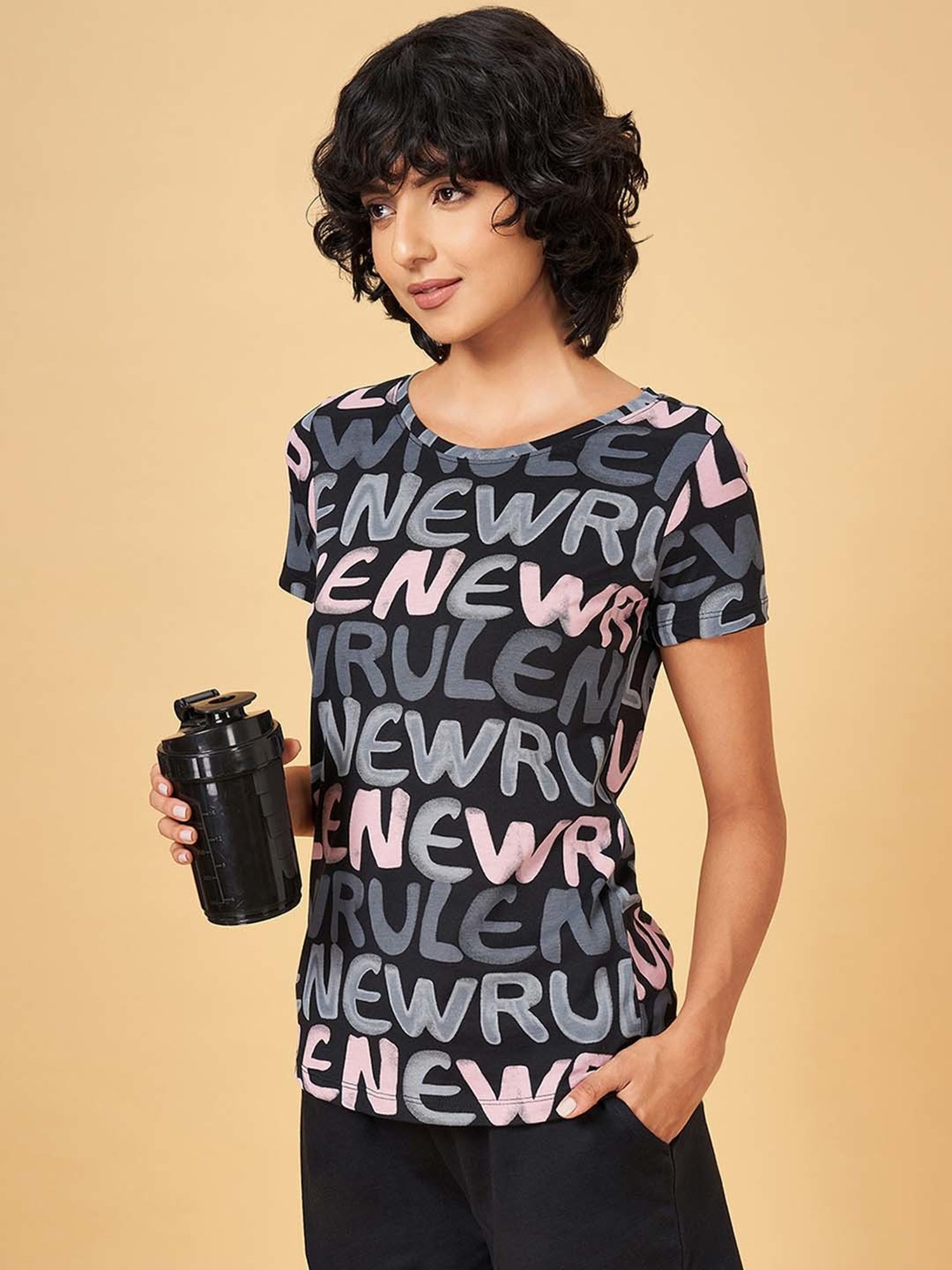 Ajile by Pantaloons Black Cotton Printed Sports T-Shirt