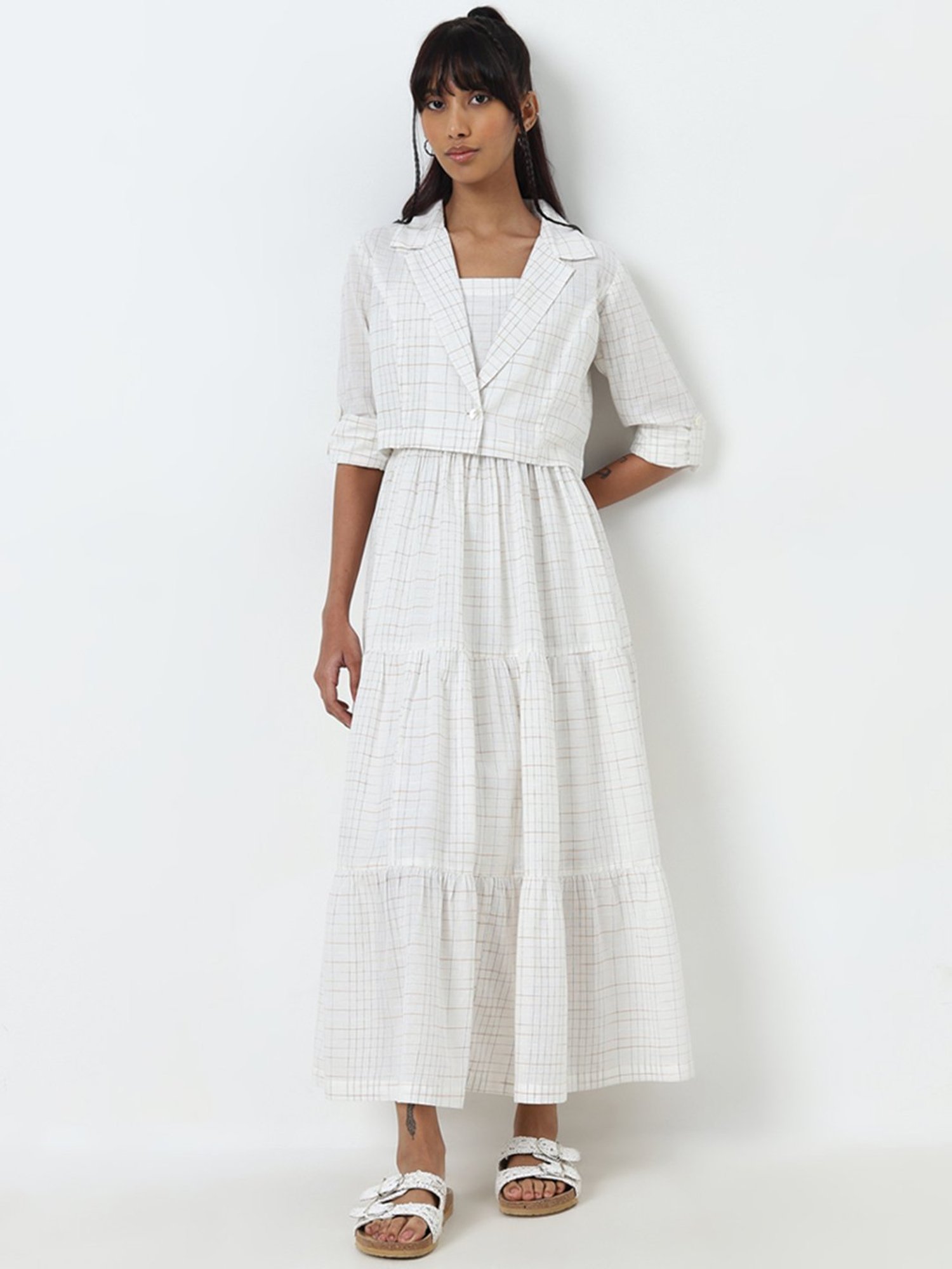 Bombay Paisley by Westside Off-White Tiered Cotton Dress with Jacket