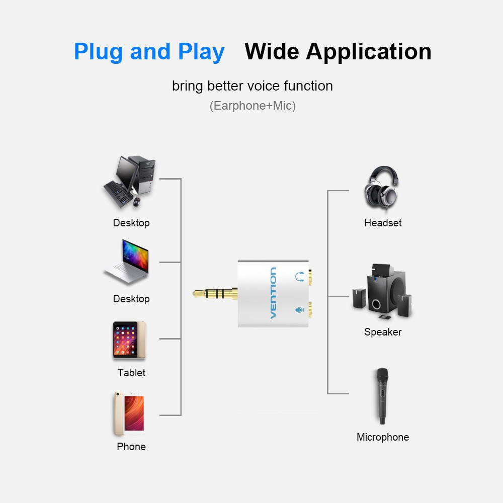 VENTION 3.5mm Audio Adapter Audio Splitter with Mic 1 Male to 2 Female Audio Adapter for Headphone PC Mobile Phone Silver