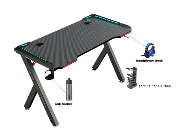 47inch Gaming Desk-game computer desk with LED lighting, cup holderand Headphone Hook,Black