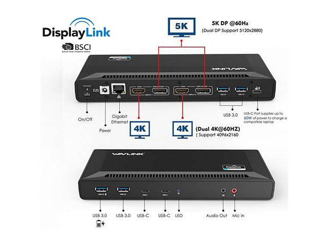 Wavlink USB C Dual 4K HDMI&DP Universal Docking, with 60W Power Delivery, Dual 4K@60Hz, Single 5K@60Hz Displaylink Dock 2 x HDMI, 2 x DisplayPort, Gigabit Ethernet, 2 x USB-C Ports, 4 x USB 3.0, Audio