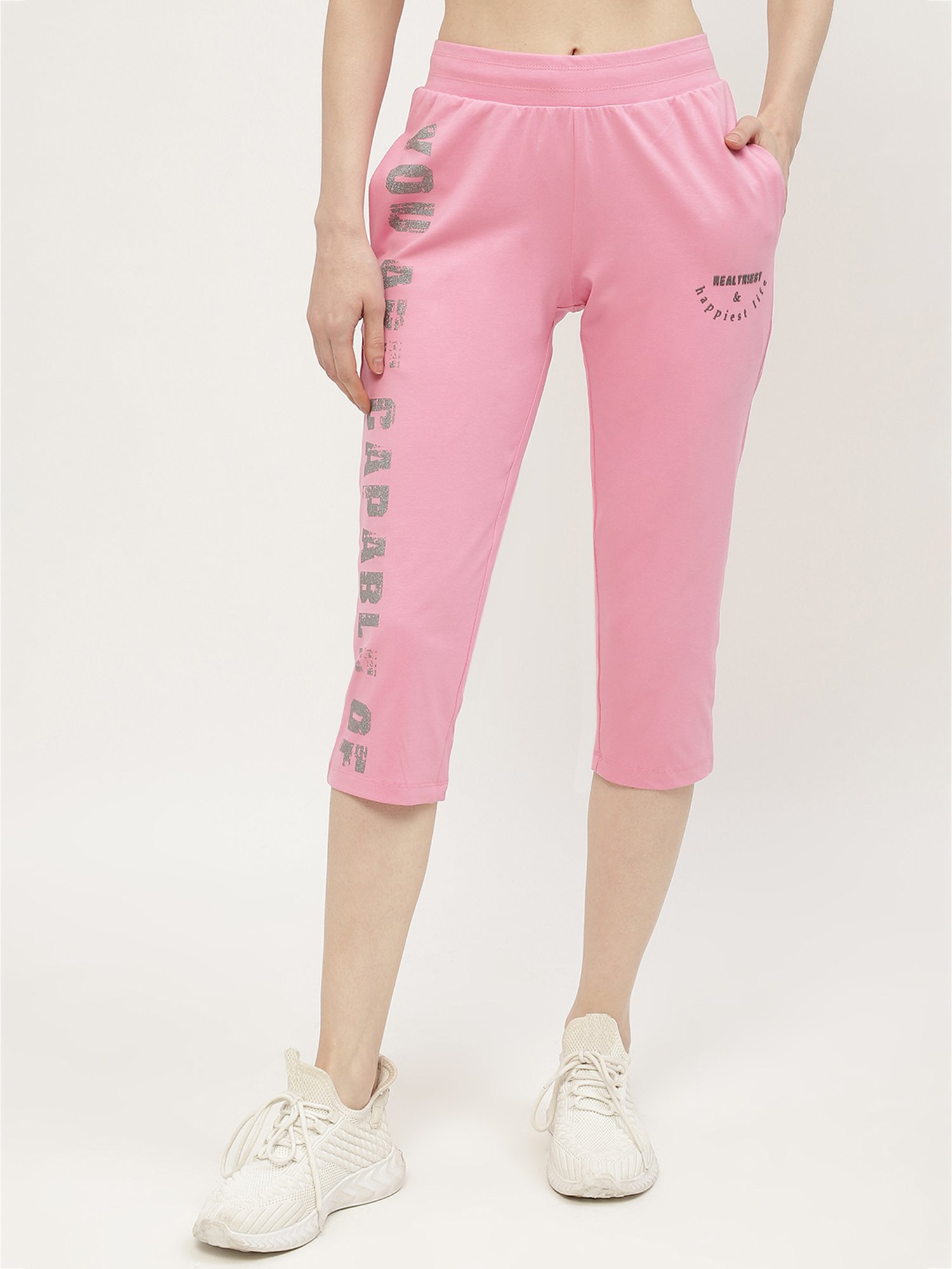 MADAME M Secret Pink Cotton Graphic Print Capris